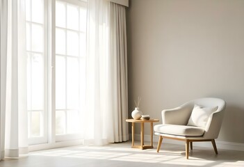 Fototapeta premium A minimalist living room with a white armchair, a wooden side table, and a large window with sheer curtains letting in natural light