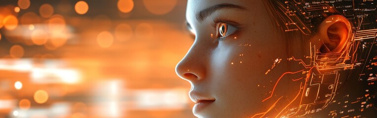 Futuristic Cybernetic Woman Head in Orange Glow