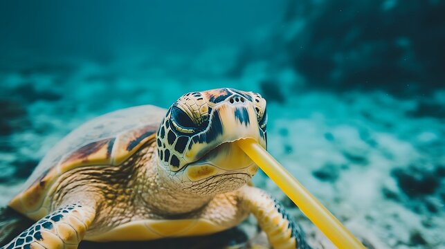 A plastic straw piercing a sea turtle shell, symbolizing the dangers of plastic waste to marine life. 
