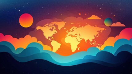 Obraz premium A colorful painting of the world with a blue ocean and orange sky