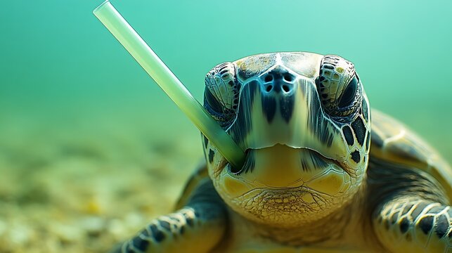 A plastic straw piercing a sea turtle shell, symbolizing the dangers of plastic waste to marine life. 
