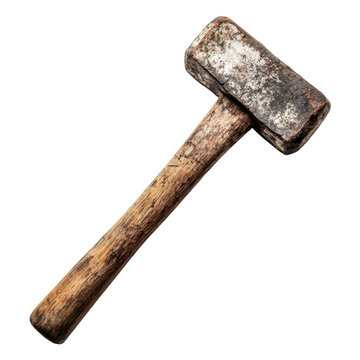 Heavy sledgehammer with weathered wooden grip workshop tool photography industrial environment close-up raw power. Transparent background.