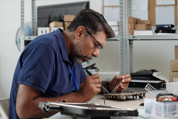 Skilled Technician Repairing Electronic Device in Workshop