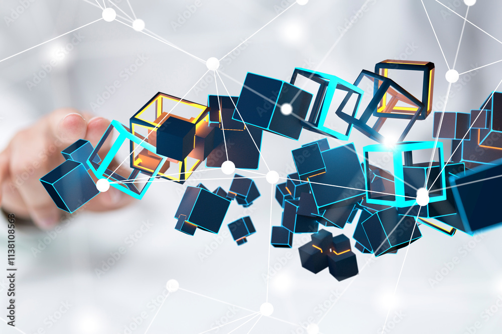 Poster Neural network 3D illustration. Big data and cybersecurity