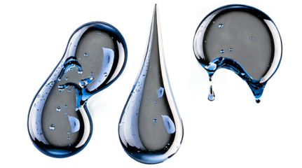 Transparent water drops on a clear background showcasing unique shapes and reflections that capture light in various ways