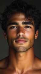 Young man with curly hair and glowing skin posing against a dark background, showcasing a confident and serene expression while highlighting natural features and vibrant personality