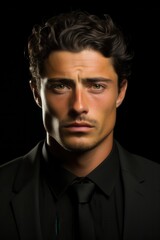 Fototapeta premium Portrait of a serious young man wearing a black suit with slicked-back hair against a dark background, showcasing a confident yet contemplative expression during a photo session