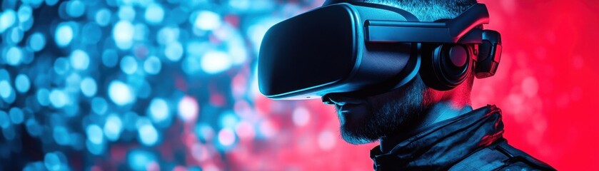 A person experiences virtual reality with a modern headset, immersed in a colorful digital environment, highlighting innovation.