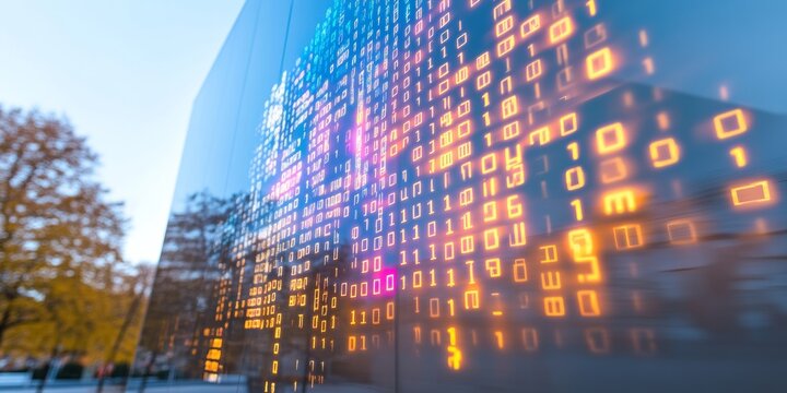 Reflective Urban Facade with Digital Code Projections Depicting Cybersecurity