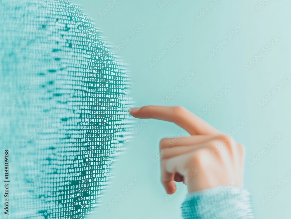 Poster Futuristic Interaction Hand Engages with Digital Encryption on Abstract Screen