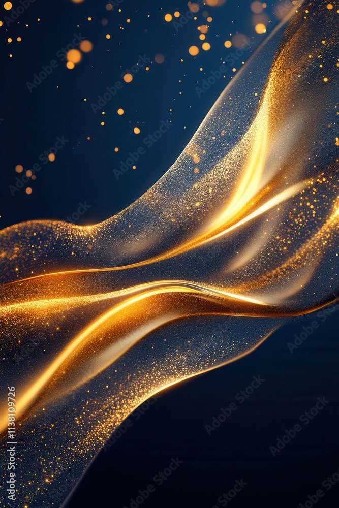 Wall mural flowing golden waves illuminated against a deep blue background create a captivating and ethereal vi