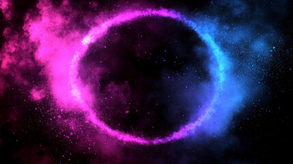 Naklejka premium Color powder explosions with circle banner. Splash of paint dust with particles. Vector realistic clouds of colorful powder, burst effect with copy space for text isolated on transparent background