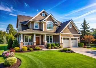 Obraz premium Sun-drenched dream home: gable roof, covered porch, two-car garage, perfect exterior.