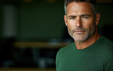 Obraz premium man with casual t-shirt is smiling at the camera, blurred room background