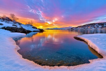 A fjord reflecting the soft hues of sunset, its waters glowing with shades of pink, orange, and purple