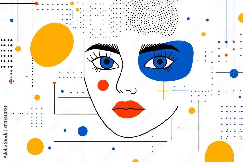 Poster A flat design of a face with geometric features, using bold colors and simple lines to convey expression