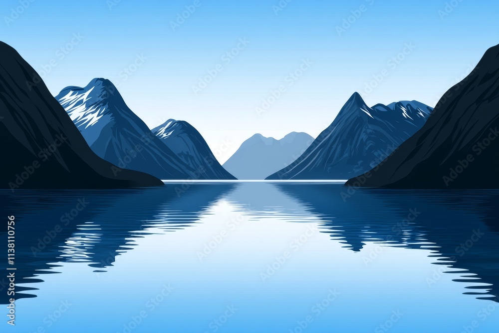Poster a flat design of a fjord with clean blue gradients depicting still water and sharp cliff silhouettes