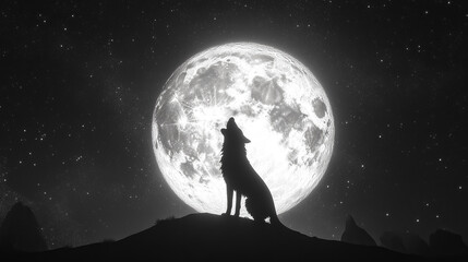 Mystical scene of a wolf howling at the full moonю. Ideal as a background banner or screensaver for devices and social media.