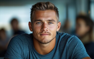 Obraz premium man with casual t-shirt is smiling at the camera, blurred room background