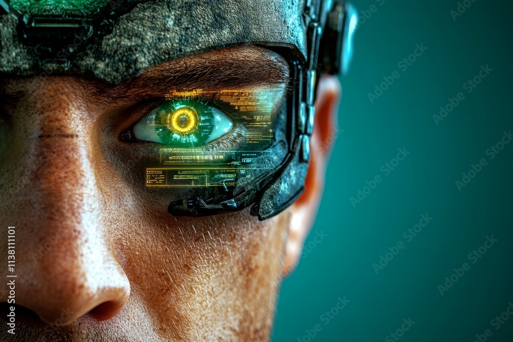Aufkleber a futuristic face with glowing cybernetic implants and holographic displays projecting data around i