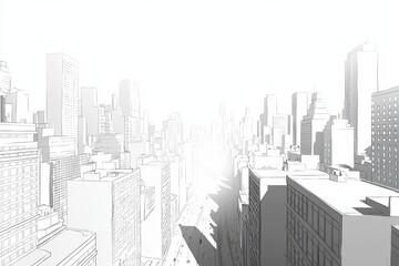White background, simple vector illustration of a cityscape with buildings and roads, in grayscale with sharp lines, featuring white space 