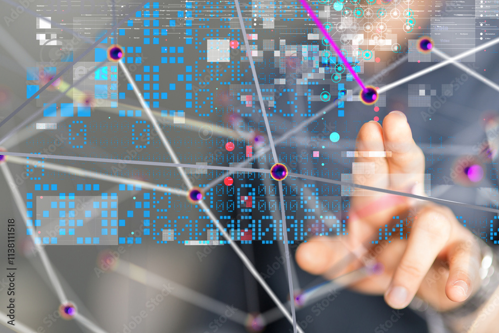 Poster Neural network 3D illustration. Big data and cybersecurity - 3d