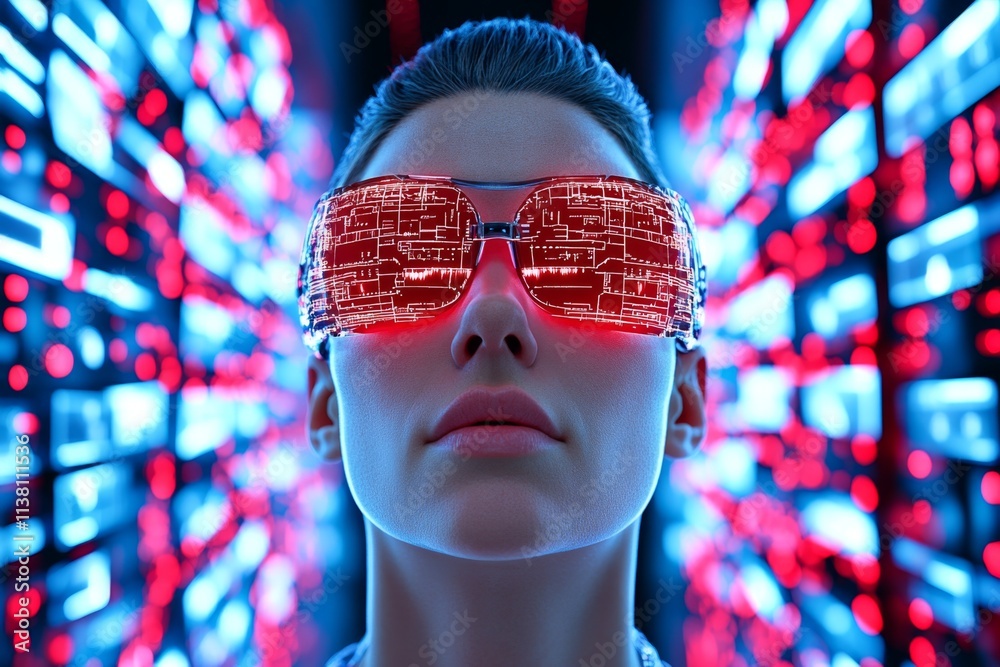 Poster a futuristic scene of a person surrounded by holographic screens displaying warnings, their face fro