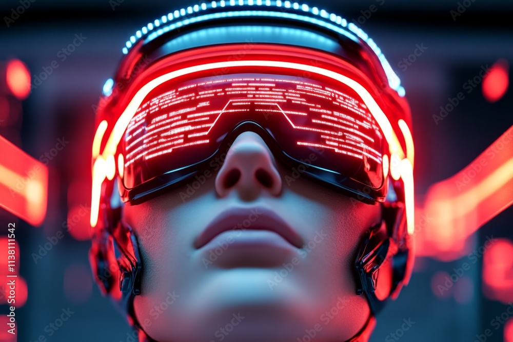 Poster a futuristic scene of a person surrounded by holographic screens displaying warnings, their face fro