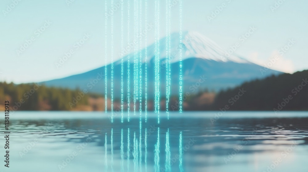 Aufkleber mount fuji with digital data streams over lake surface at daytime