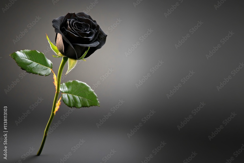 Poster a hauntingly beautiful black rose in a shadowy setting, surrounded by mist and illuminated by a sing