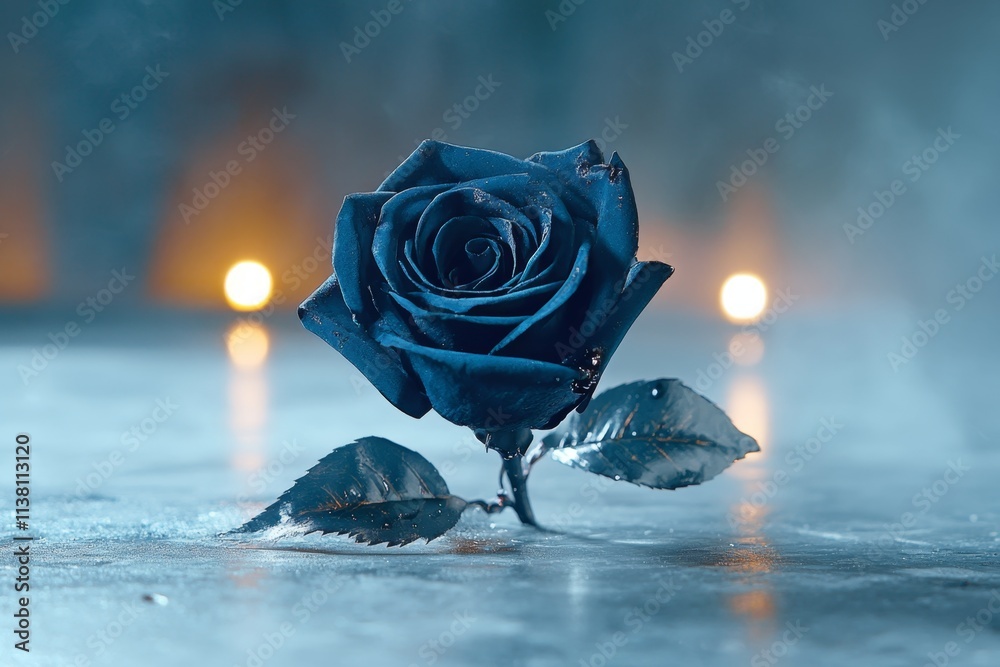 Poster a hauntingly beautiful black rose in a shadowy setting, surrounded by mist and illuminated by a sing