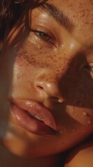 Close up of a beautiful face of a woman with radiant skin, texture and pores. Lighting minimalistic staging © bosotochka