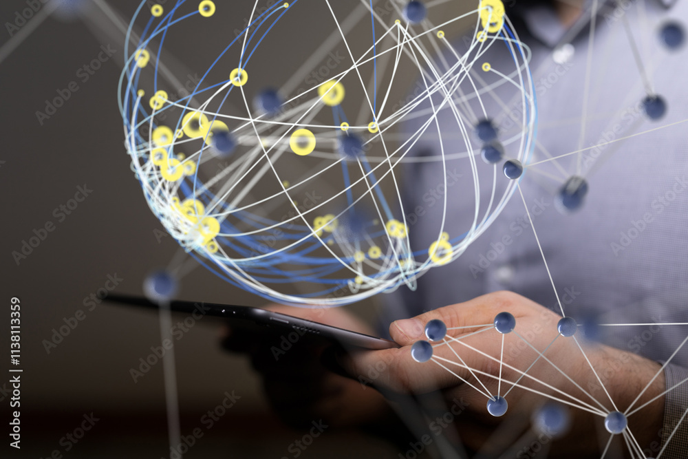 Poster Global network. Blockchain. 3D illustration. Neural networks and artificial intelligence. Abstract