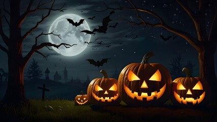 Halloween Scene: Jack O' Lanterns Glow in the Moonlight on a spooky night