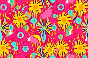 Naklejka premium Vibrant Floral Pattern: A captivating seamless pattern bursting with colorful flowers, whimsical shapes, and vibrant hues, creating a playful and energetic backdrop. 