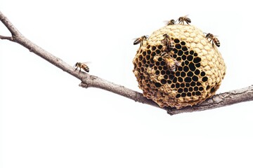 A close-up of a bee hive on a branch with bees buzzing around it.