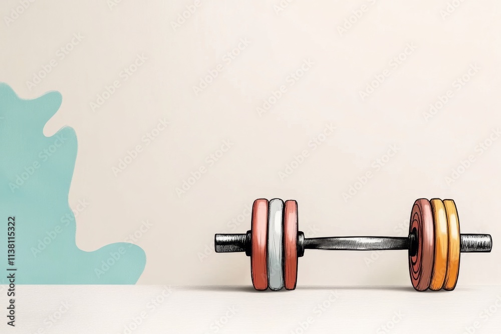 Aufkleber A minimalist design of a dumbbell and barbell intersecting, drawn with clean lines and muted pastel tones on a white background
