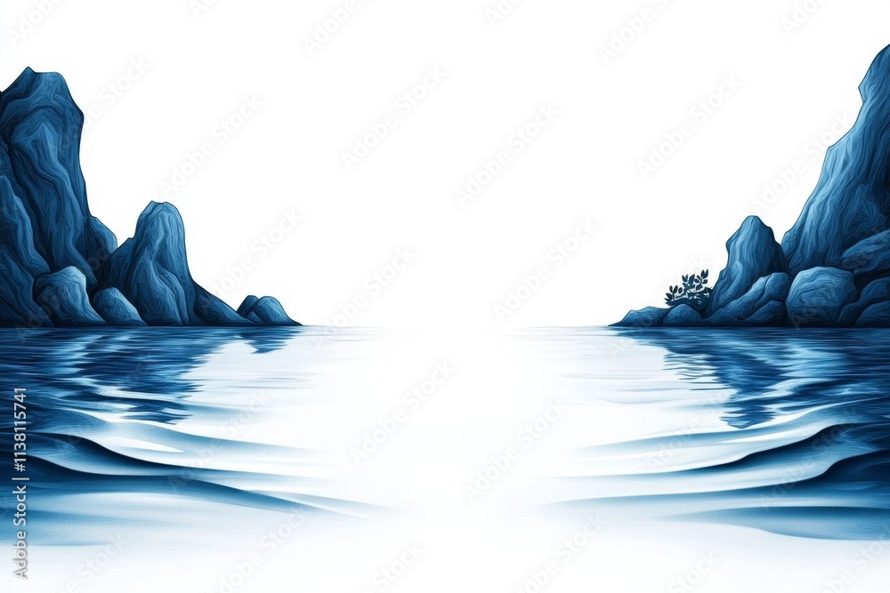 Poster a minimalist illustration of fjord water, with simple curved lines representing gentle ripples and m