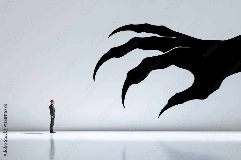 Poster a minimalist poster showing the shadow of a claw reaching toward a small figure standing under a sin