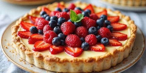  A Fresh Fruit Tart With A Buttery Crust And Custard Filling