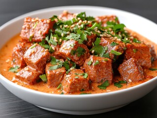 Fototapeta premium Flavorful dish of spiced tofu cubes garnished with herbs