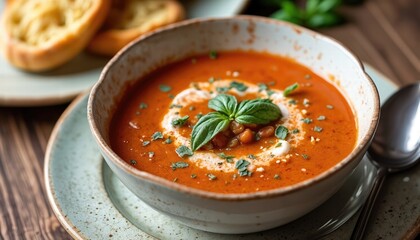 A Bowl Of Creamy Tomato Soup With A Side Of Garlic Bread
