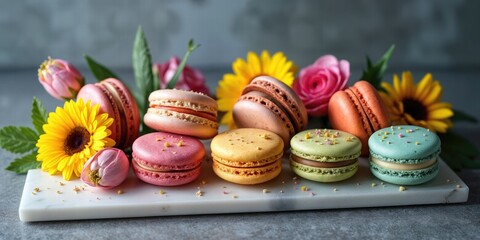 Colorful Macarons Arranged On A Marble Slab With Floral Accents