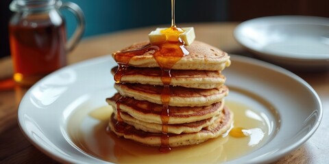 A Stack Of Buttermilk Pancakes Drizzled With Maple Syrup And Butter On Top