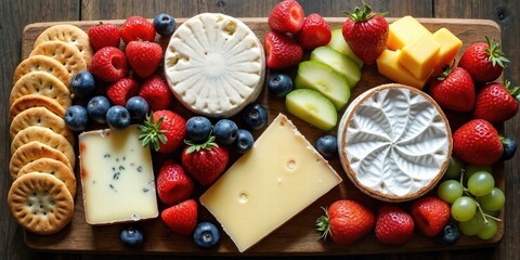 A Rustic Cheese Platter Featuring Artisanal Cheeses, Fresh Fruits, And Crackers