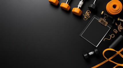 A gym setup featuring dumbbells, resistance bands, and a workout planner neatly arranged on a sleek surface