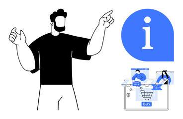Man gesturing towards online shopping elements, including a cart icon, customer service avatars, and a large info icon. Ideal for e-commerce, digital marketing, customer support, online retail, web
