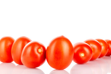 Fresh juicy tomatoes, macro, isolated on white background.