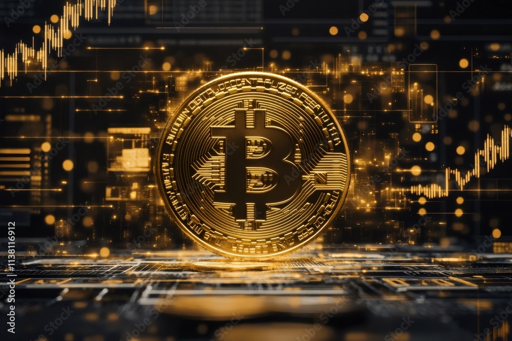 Poster Golden bitcoin rotating over futuristic printed circuit board with stock market charts and data flowing