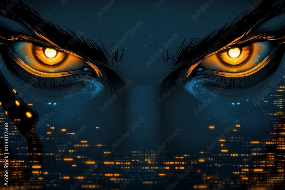Poster A pixel art depiction of a face with animated blinking eyes, set in a retro-style 8-bit video game world